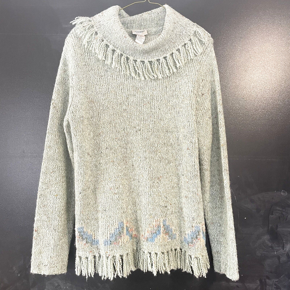 Vtg Green Fringe Sweater Tasseled Aztec Geometric Women Medium Cozy Lagenlook